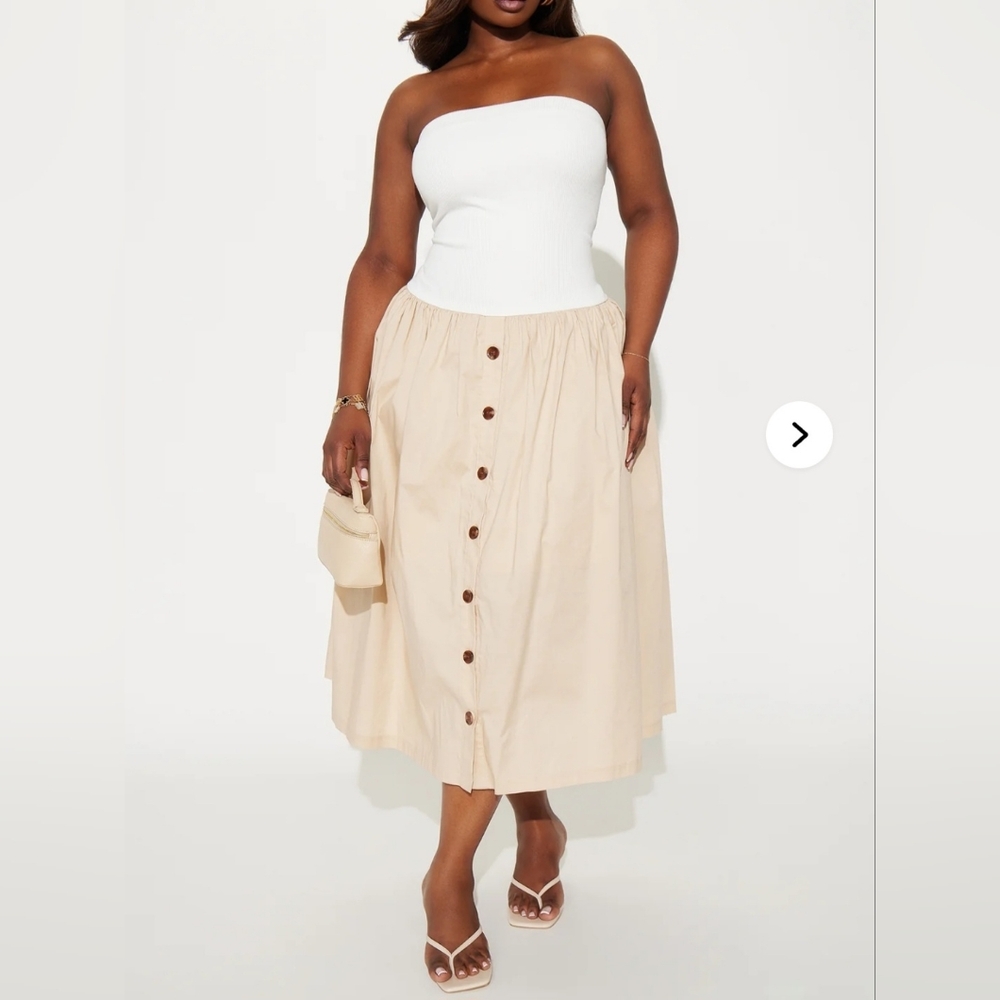 Button Up Midi Dress - Khaki/ White